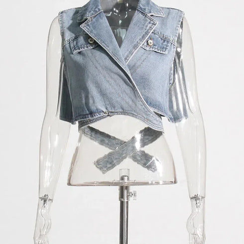 Irregular Cross Denim Coat For Women High Waist Hollow Out Casual Summer Top